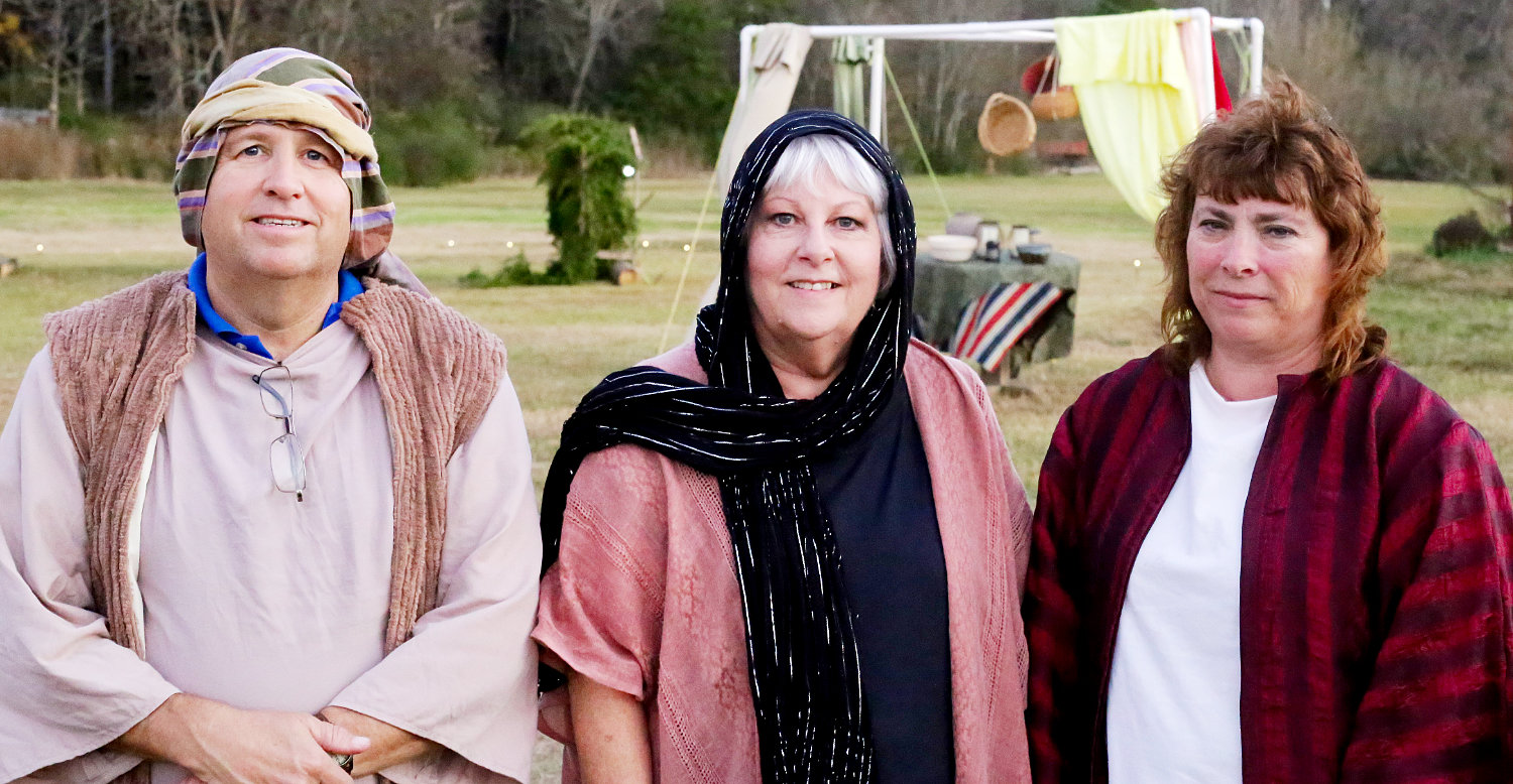 From left, Pastor Bruce Rudd and event organizers Cindy Hobbs and Peggy Erb at the Mt. Sylvan Baptist Church living nativity.